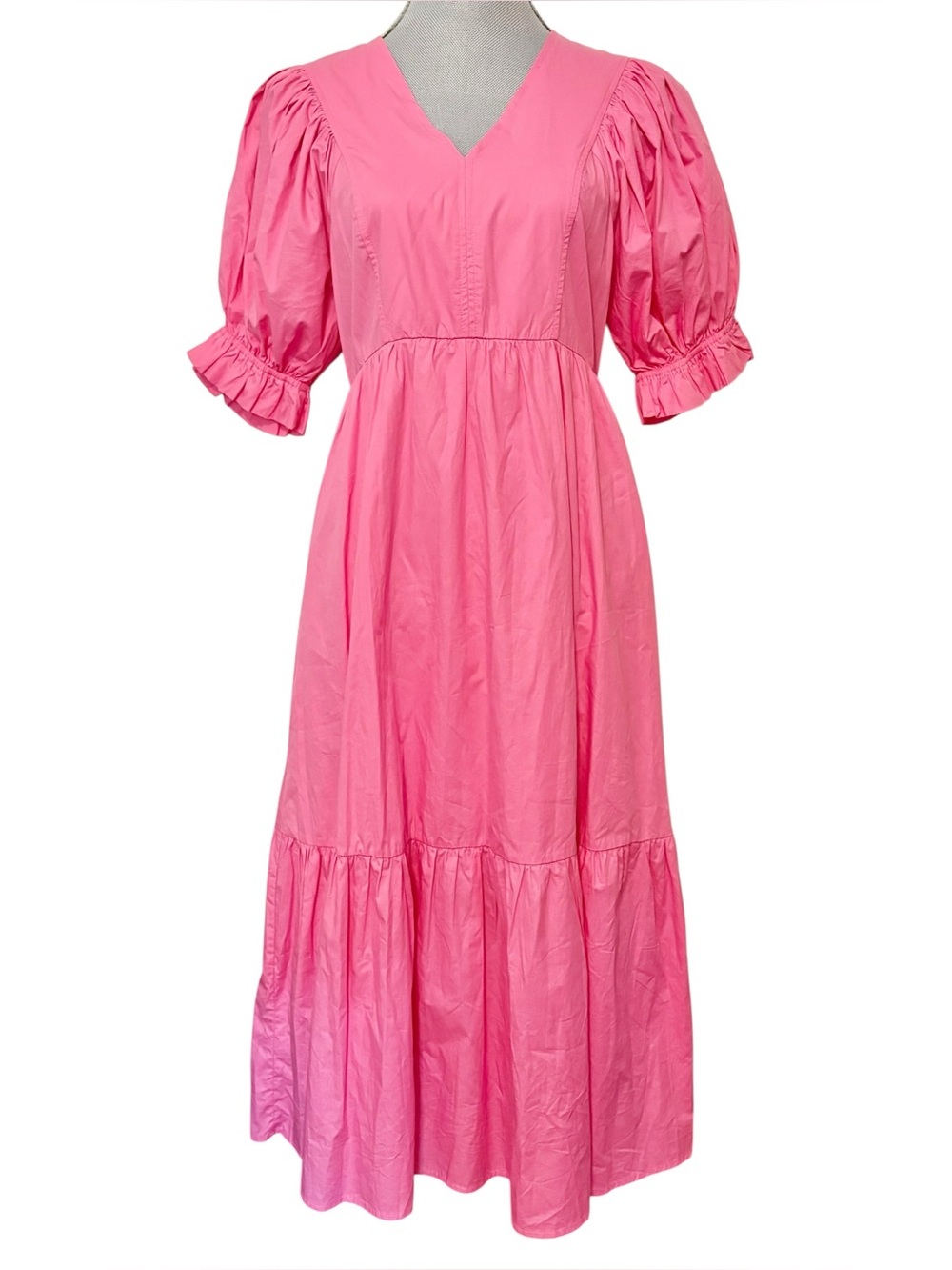 🌱 Entro Bubble Gum Pink Puff Sleeve Midi Dress